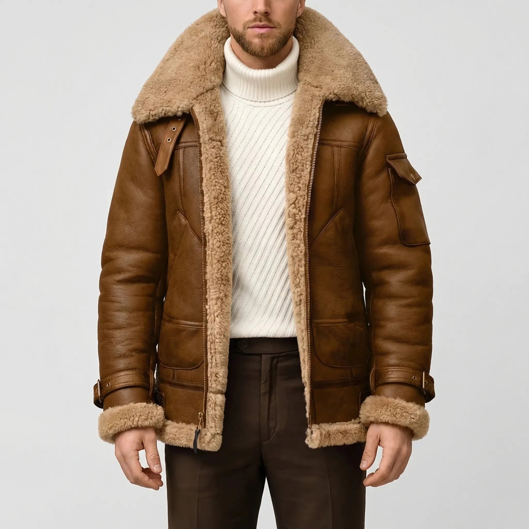 Warm Aviator Jacket for Men with Fur Collar Long Sleeve Zip Up Faux Shearling Moto Style