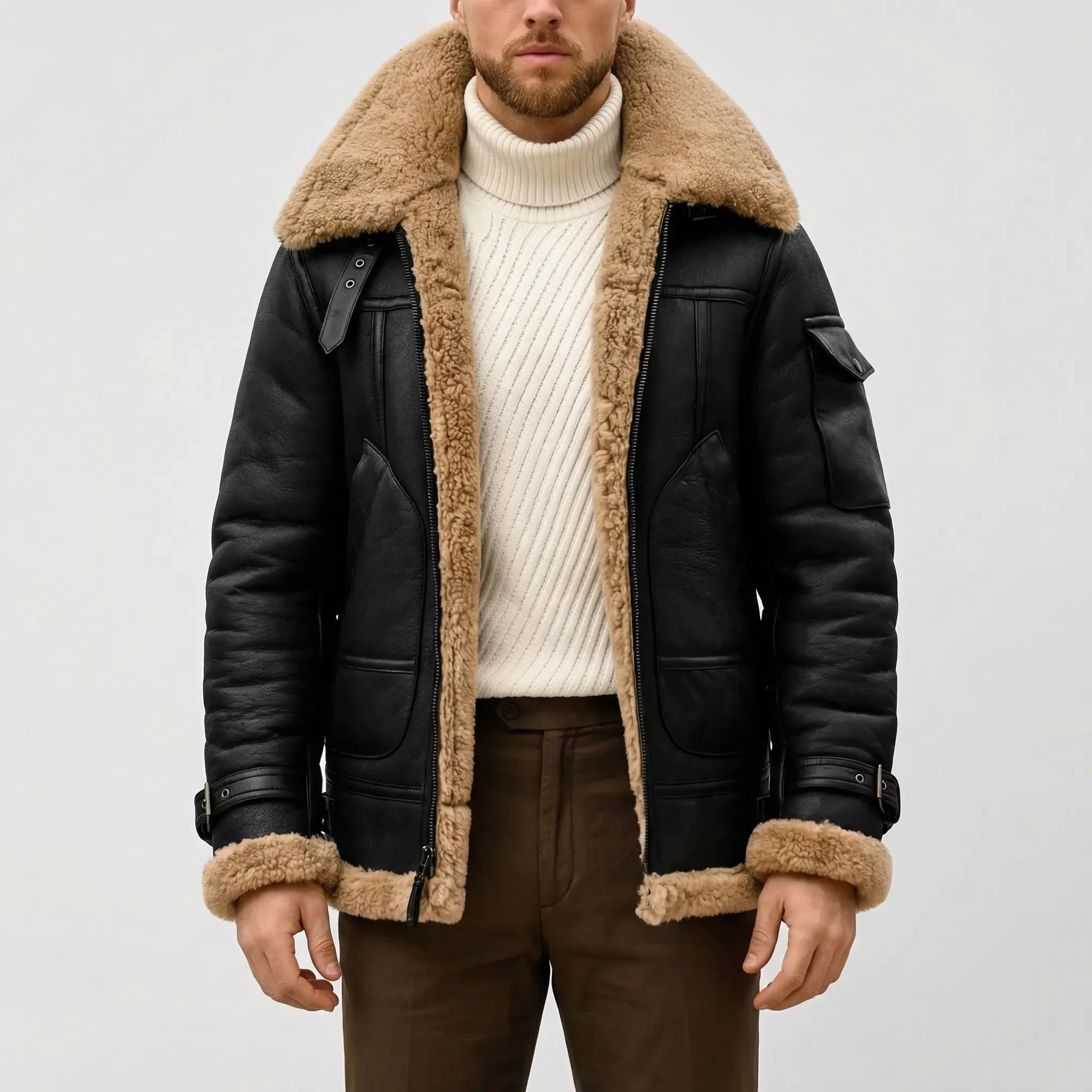 Warm Aviator Jacket for Men with Fur Collar Long Sleeve Zip Up Faux Shearling Moto Style