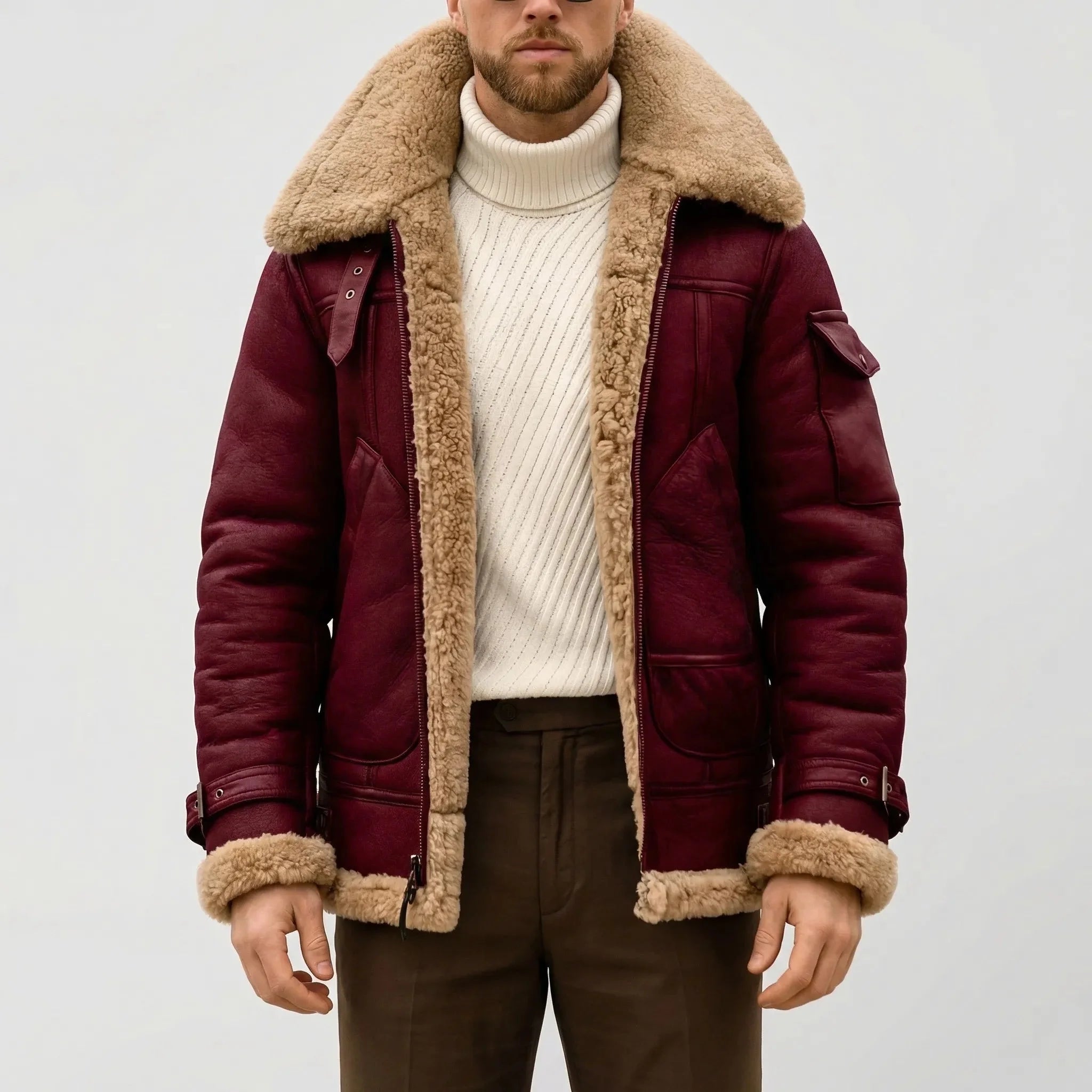 Cozy Faux Leather Shearling Aviator Jacket for Men with Fur Collar Long Sleeve Zip Belted Winter Style