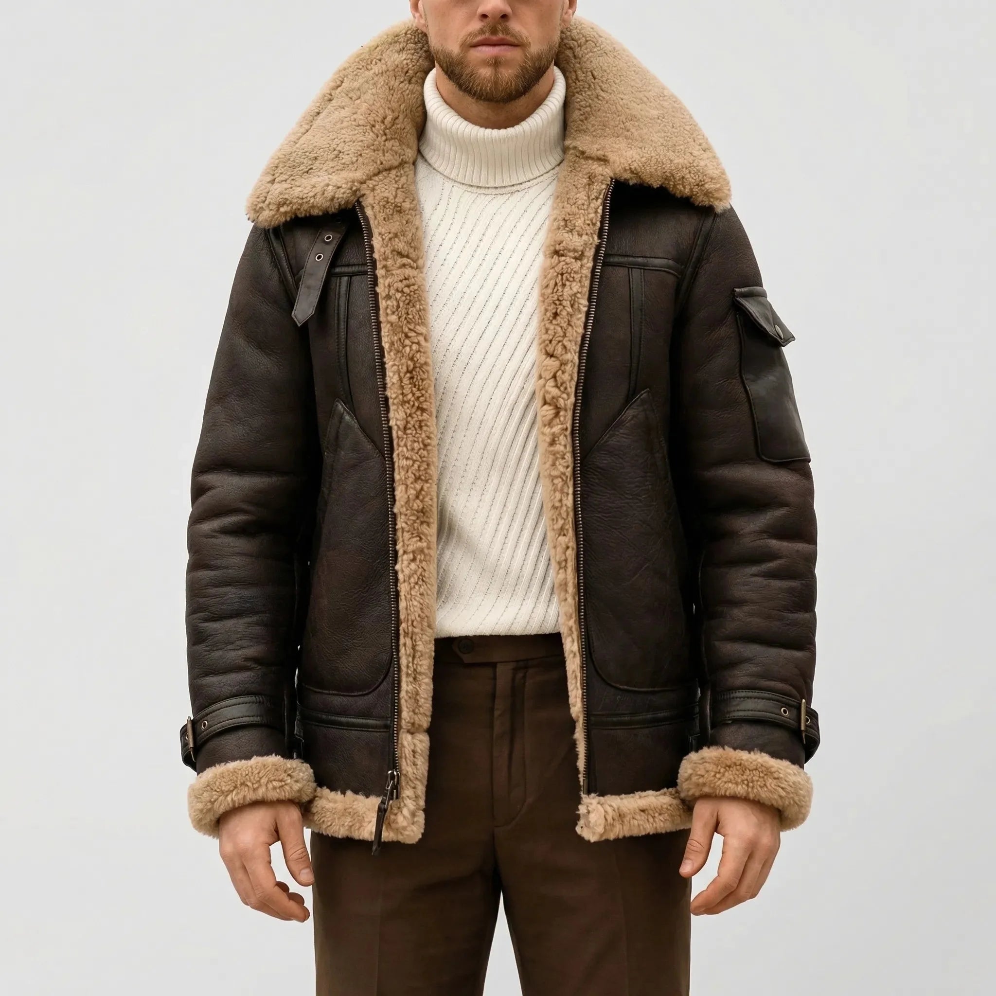Warm Aviator Jacket for Men with Fur Collar Long Sleeve Zip Up Faux Shearling Moto Style