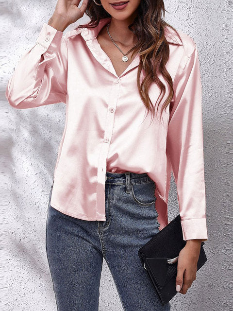Elegant Satin Long Sleeve Shirt for Women with Collar Button Front Relaxed Silky Style