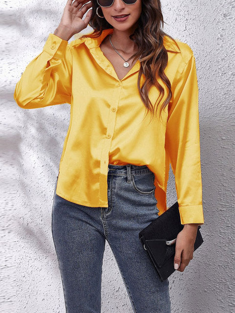 Elegant Satin Long Sleeve Shirt for Women with Collar Button Front Relaxed Silky Style