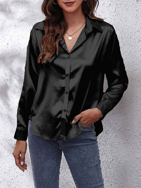 Elegant Satin Long Sleeve Shirt for Women with Collar Button Front Relaxed Silky Style