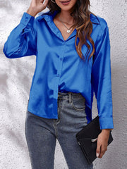 Elegant Satin Long Sleeve Shirt for Women with Collar Button Front Relaxed Silky Style