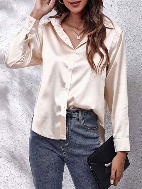 Elegant Satin Long Sleeve Shirt for Women with Collar Button Front Relaxed Silky Style