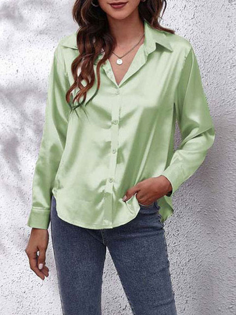 Elegant Satin Long Sleeve Shirt for Women with Collar Button Front Relaxed Silky Style