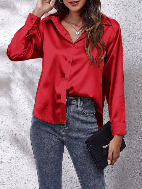 Elegant Satin Long Sleeve Shirt for Women with Collar Button Front Relaxed Silky Style