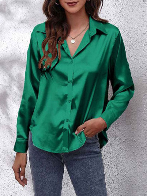 Elegant Satin Long Sleeve Shirt for Women with Collar Button Front Relaxed Silky Style