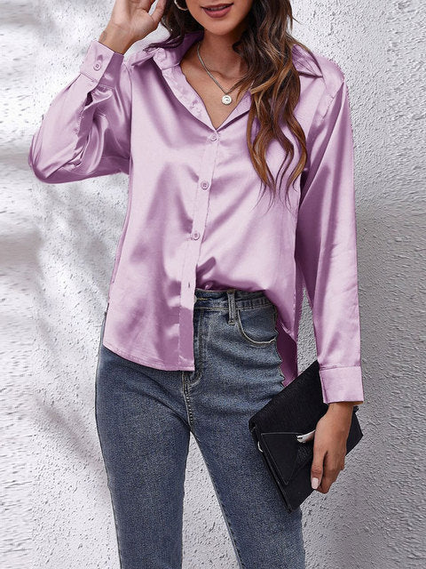 Elegant Satin Long Sleeve Shirt for Women with Collar Button Front Relaxed Silky Style