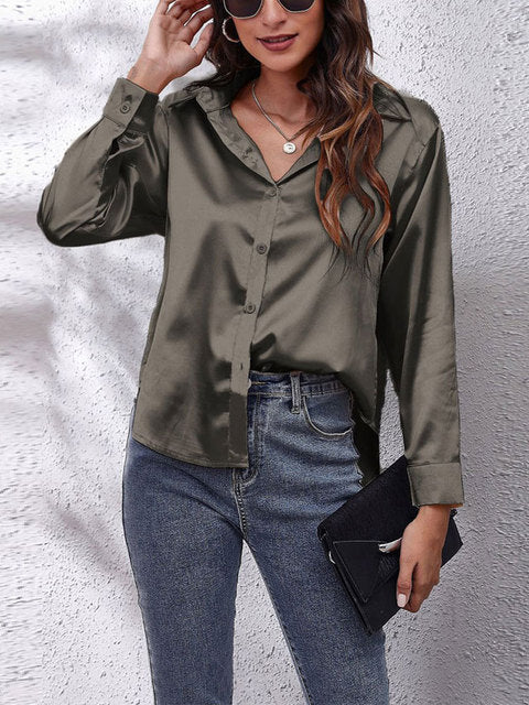 Elegant Satin Long Sleeve Shirt for Women with Collar Button Front Relaxed Silky Style