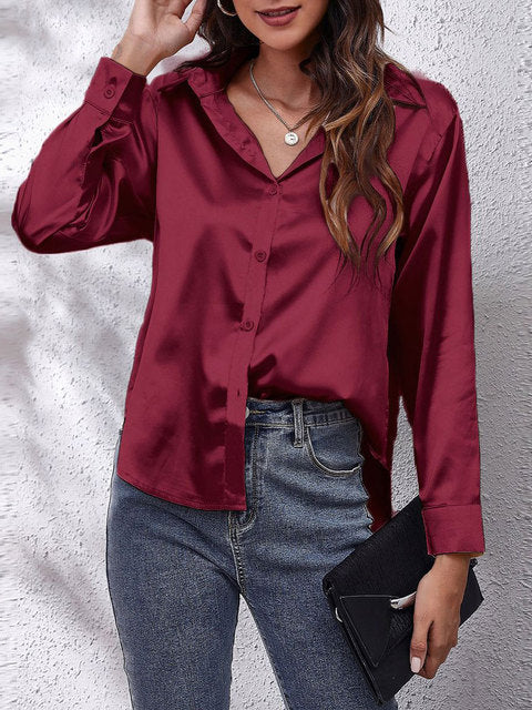 Elegant Satin Long Sleeve Shirt for Women with Collar Button Front Relaxed Silky Style
