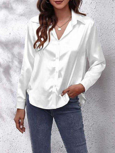 Elegant Satin Long Sleeve Shirt for Women with Collar Button Front Relaxed Silky Style