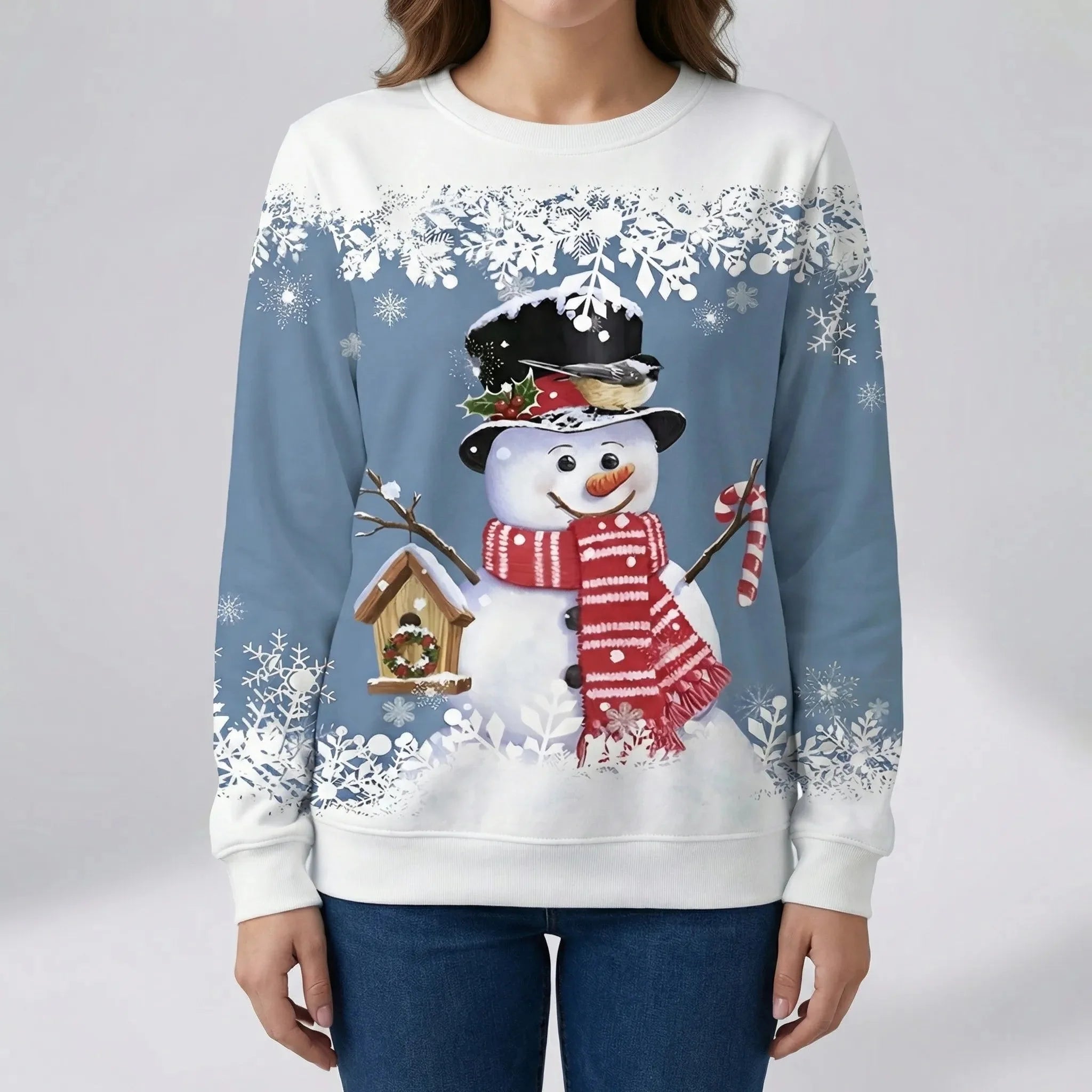 Cozy Christmas Sweatshirt for Women with Crew Neck Long Sleeve Snowman Print Festive Style