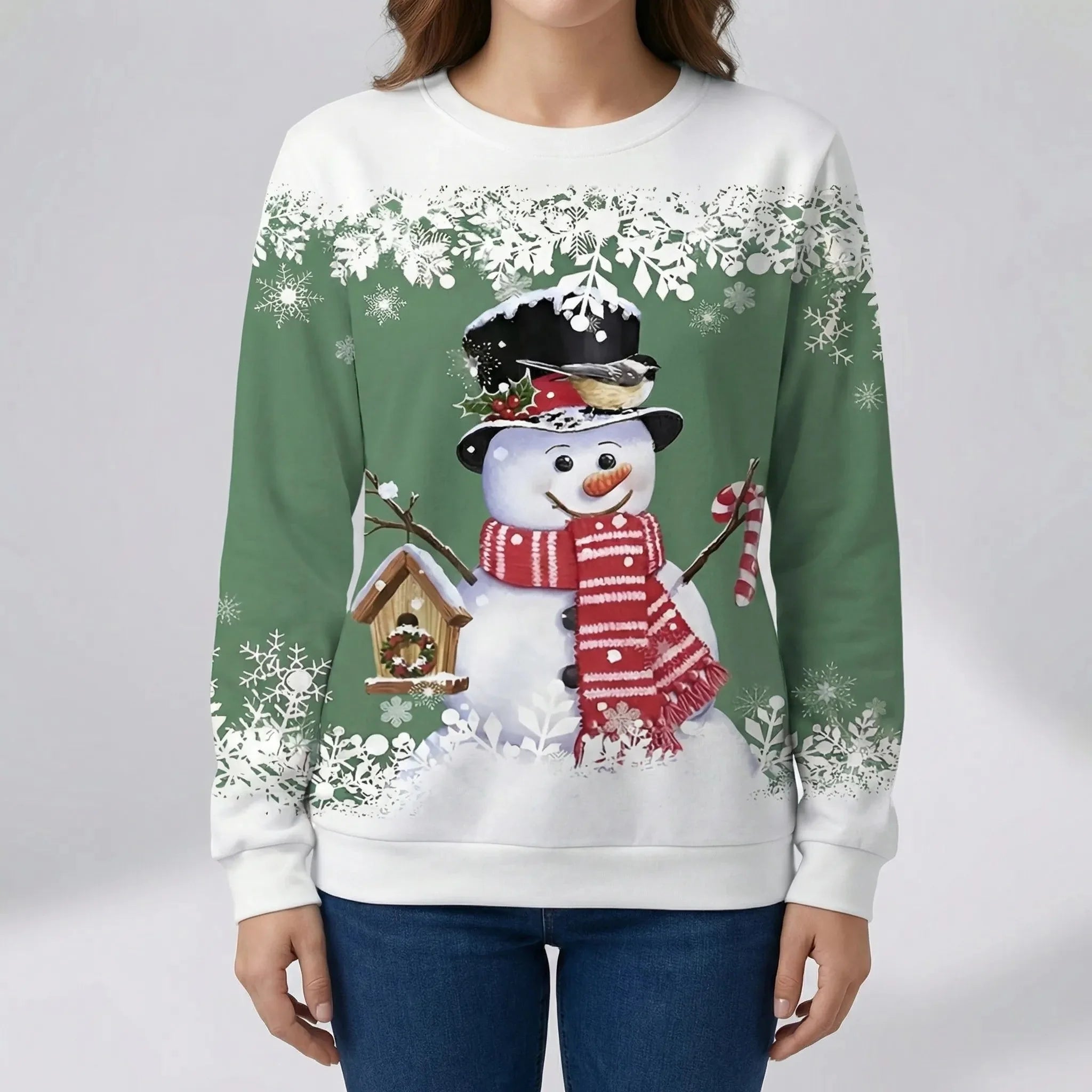 Cozy Christmas Sweatshirt for Women with Crew Neck Long Sleeve Snowman Print Festive Style