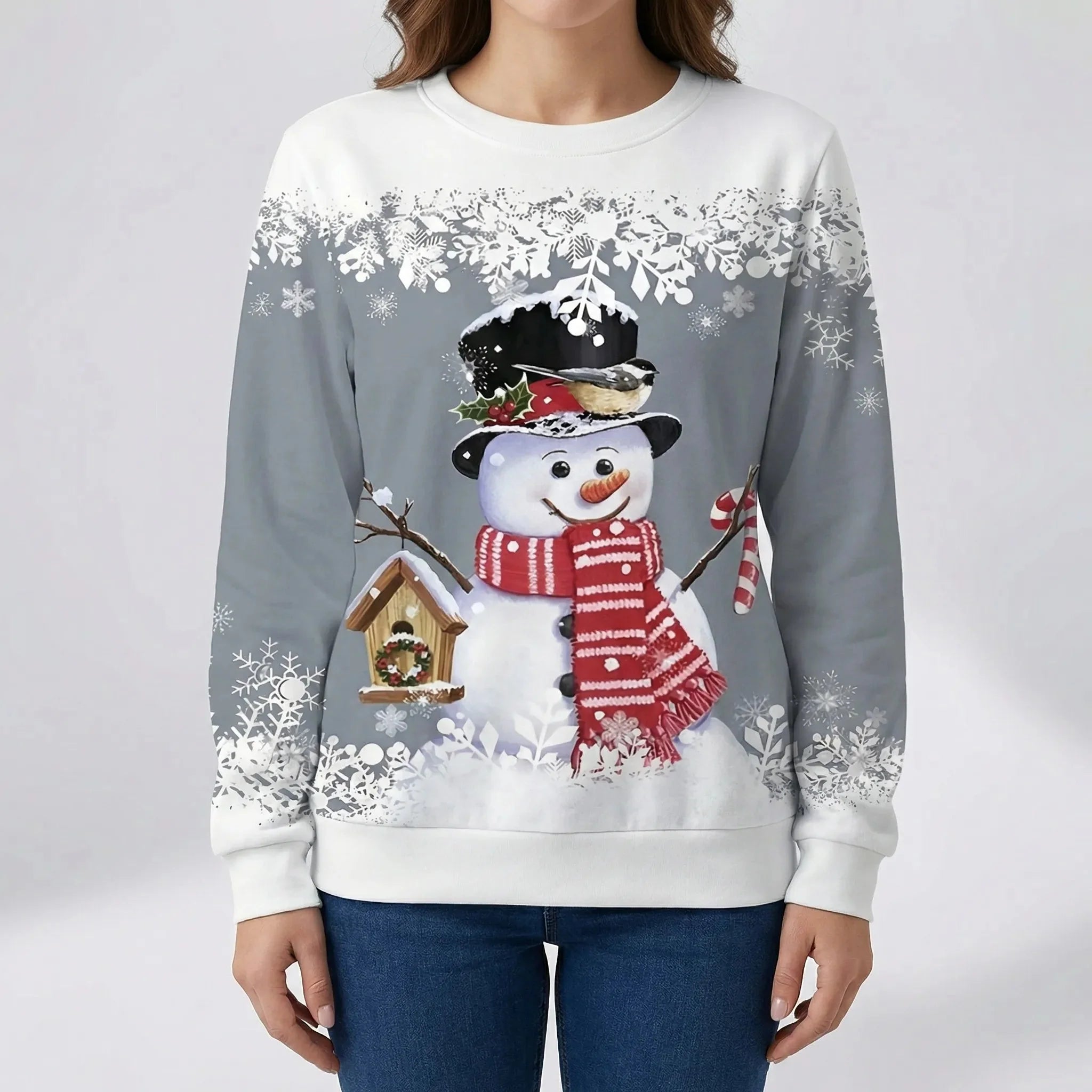 Cozy Christmas Sweatshirt for Women with Crew Neck Long Sleeve Snowman Print Festive Style