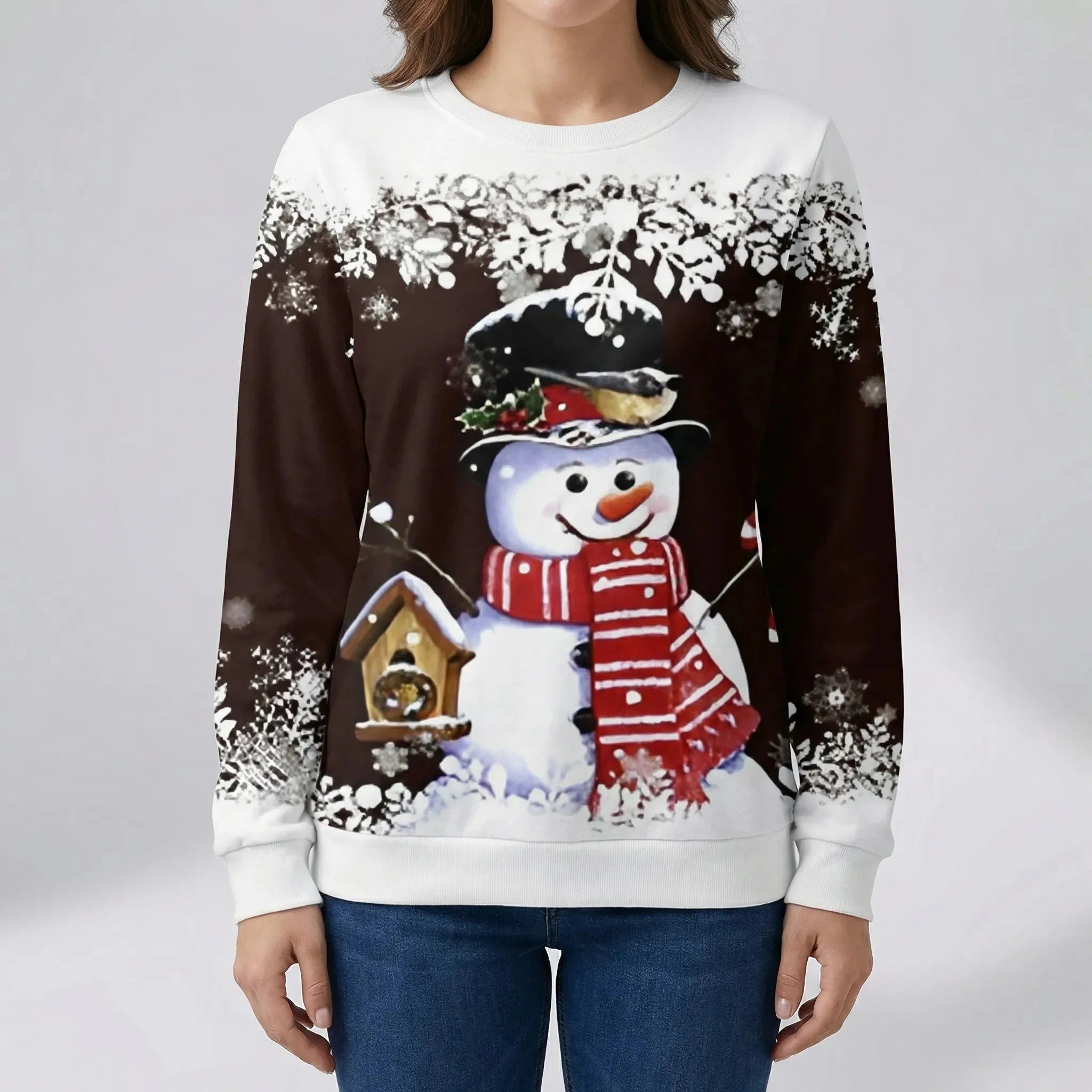 Cozy Christmas Sweatshirt for Women with Crew Neck Long Sleeve Snowman Print Festive Style