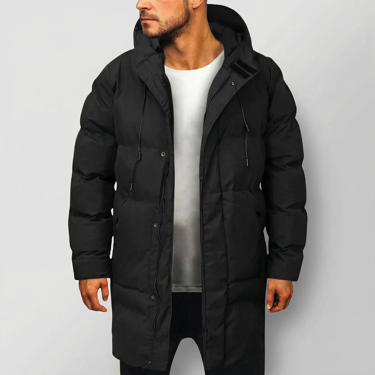 Cozy Long Puffer Coat for Men with Hooded Collar Long Sleeve Zip Up Quilted Longline Style