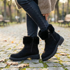 Women's Suede Faux Fur Collar Ankle Winter Snow Boots Side Zip Warm Lug Sole