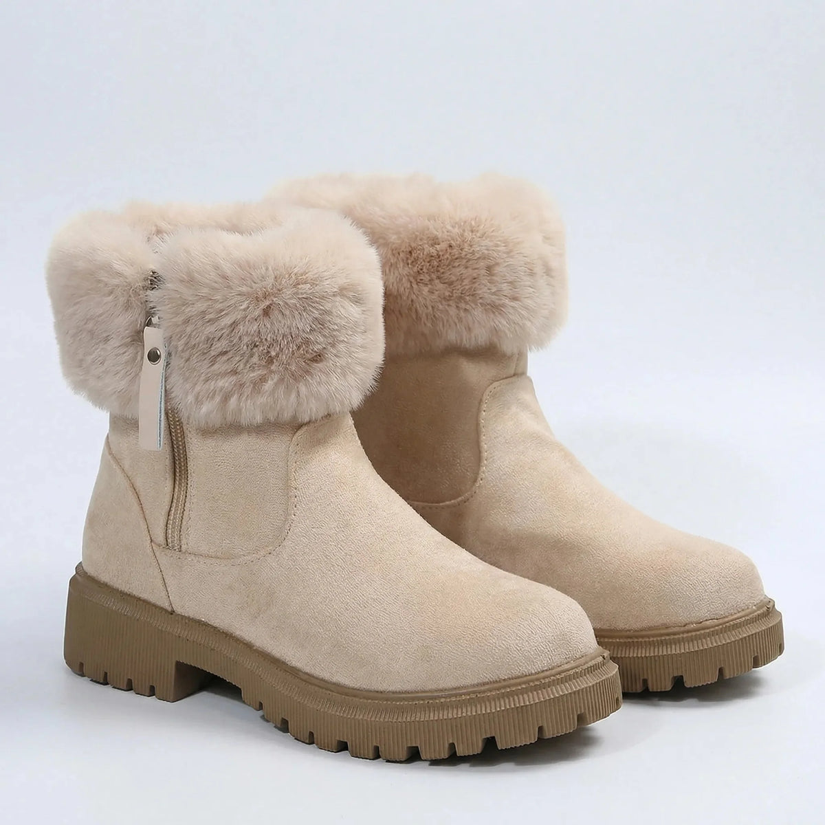 Women's Suede Faux Fur Collar Ankle Winter Snow Boots Side Zip Warm Lug Sole