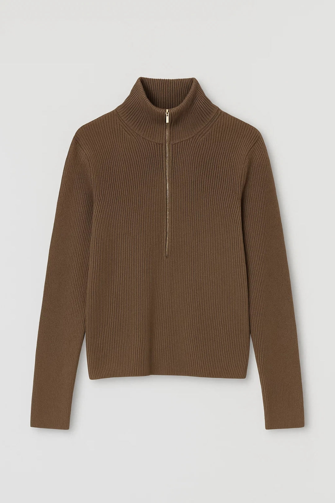 Cozy Brown Ribbed Quarter-Zip Knit Sweater for Women with High Funnel Collar Long Sleeve Slim Pullover Style