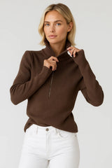 Cozy Brown Ribbed Quarter-Zip Knit Sweater for Women with High Funnel Collar Long Sleeve Slim Pullover Style