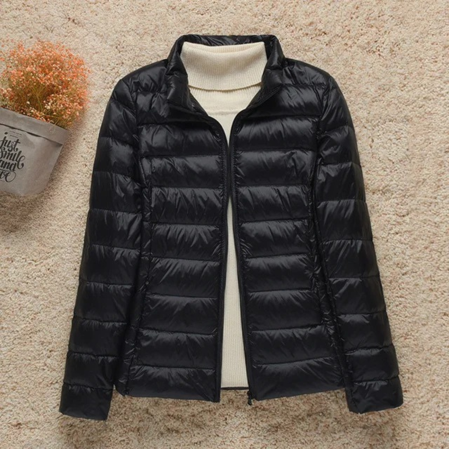 Cozy Puffer Jacket for Women with Stand Collar Long Sleeve Zip Up Lightweight Packable Style