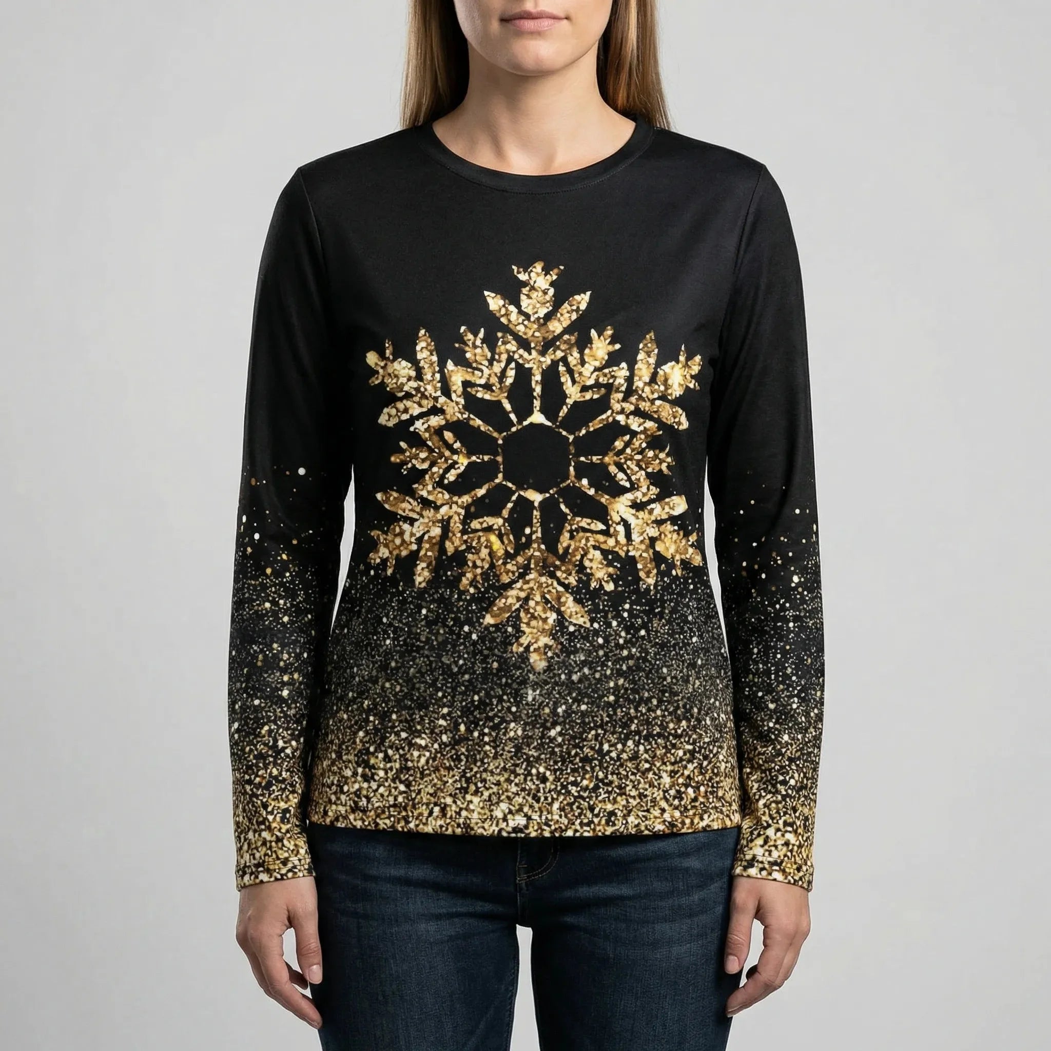 Cozy Black Christmas Sweatshirt for Women with Crew Neck Long Sleeve Snowflake Print Festive Style