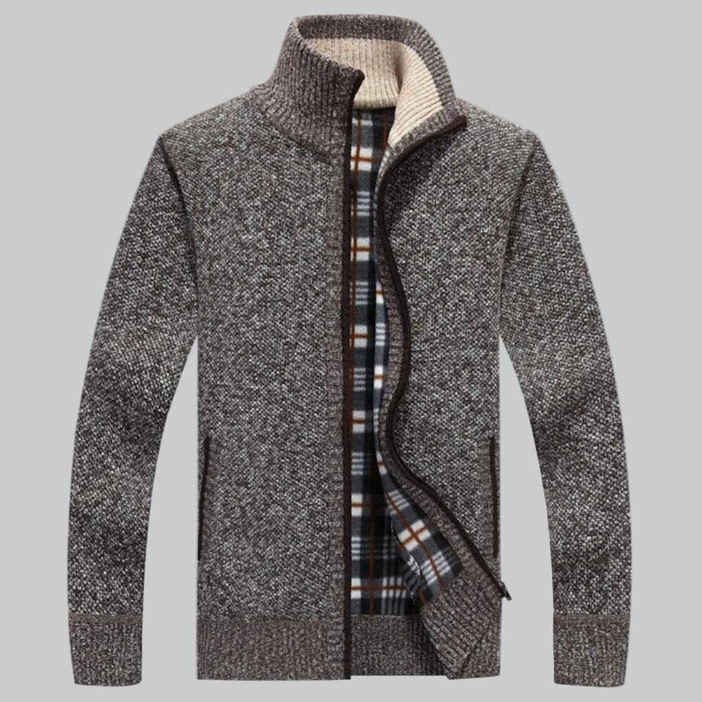 Cozy Marled Knit Zip Sweater for Men with Stand Collar Long Sleeve Full Zip Pocket Winter Style