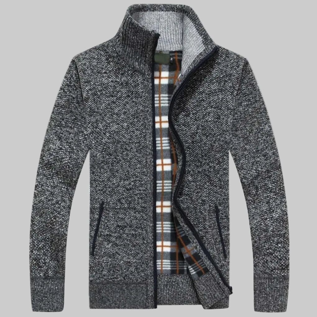 Cozy Marled Knit Zip Sweater for Men with Stand Collar Long Sleeve Full Zip Pocket Winter Style