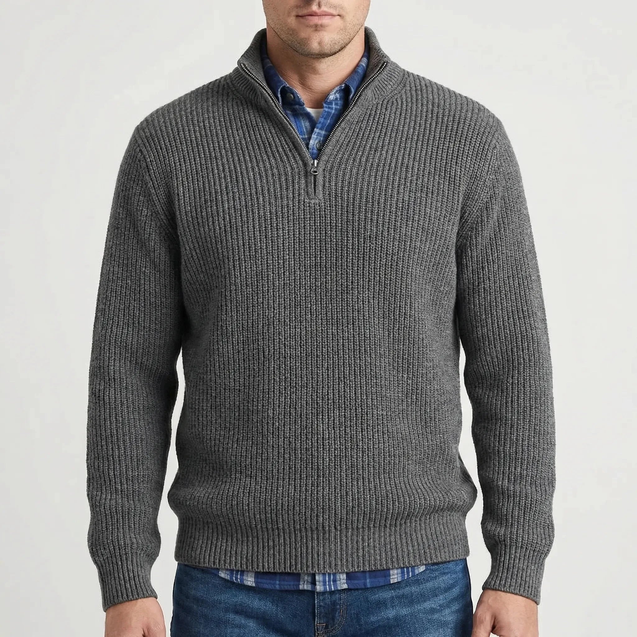 Cozy Ribbed Knit Half-Zip Sweater for Men with Stand Collar Long Sleeve Pullover Winter Style