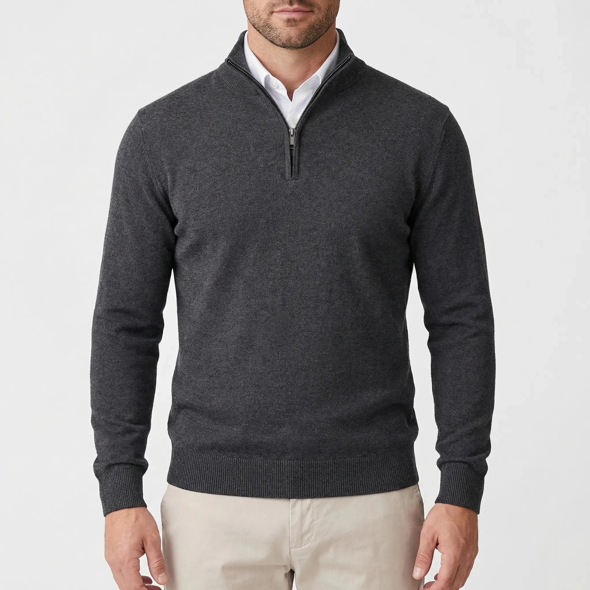 Cozy Knit Sweater for Men with Mock Neck Long Sleeve Quarter Zip Ribbed Business Style