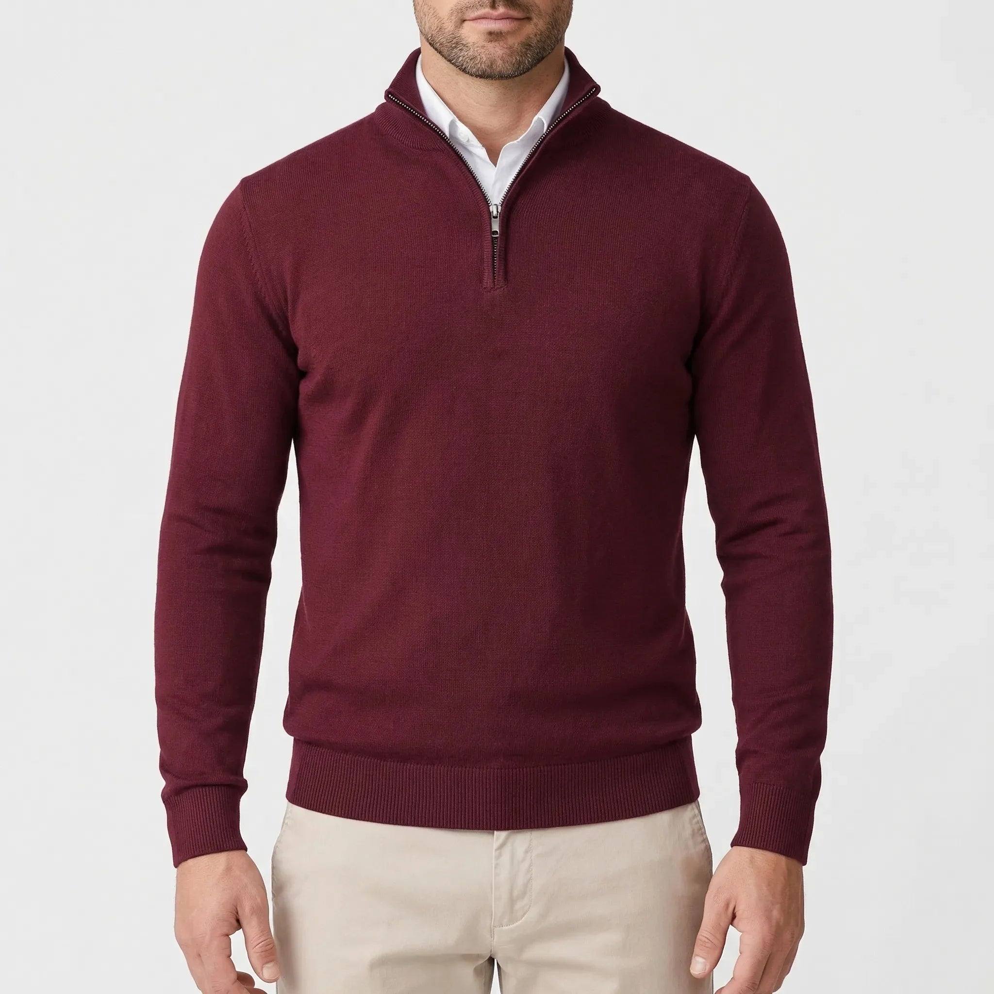Cozy Knit Sweater for Men with Mock Neck Long Sleeve Quarter Zip Ribbed Business Style