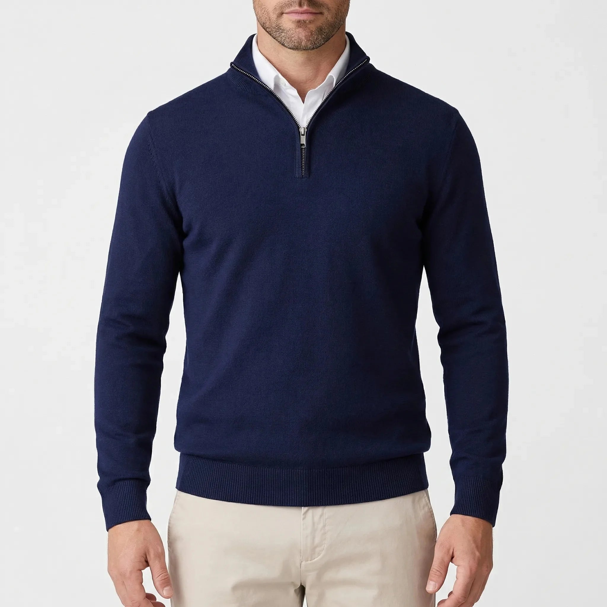 Cozy Knit Sweater for Men with Mock Neck Long Sleeve Quarter Zip Ribbed Business Style