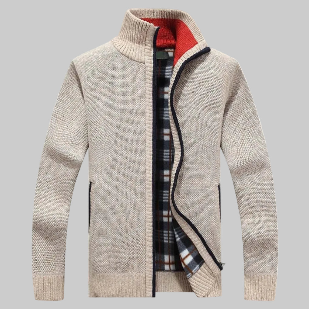 Cozy Marled Knit Zip Sweater for Men with Stand Collar Long Sleeve Full Zip Pocket Winter Style