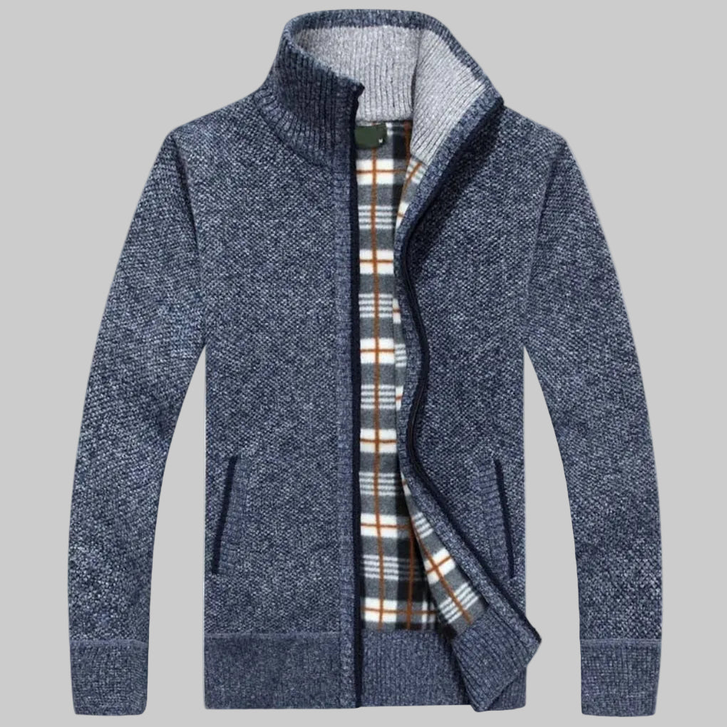 Cozy Marled Knit Zip Sweater for Men with Stand Collar Long Sleeve Full Zip Pocket Winter Style