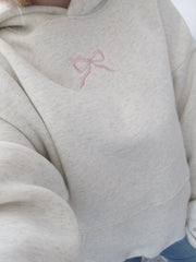 Comfortable Heather Gray Embroidered Bow Hoodie for Women with Hooded Long Sleeve Floral Lined Oversized Knit Style