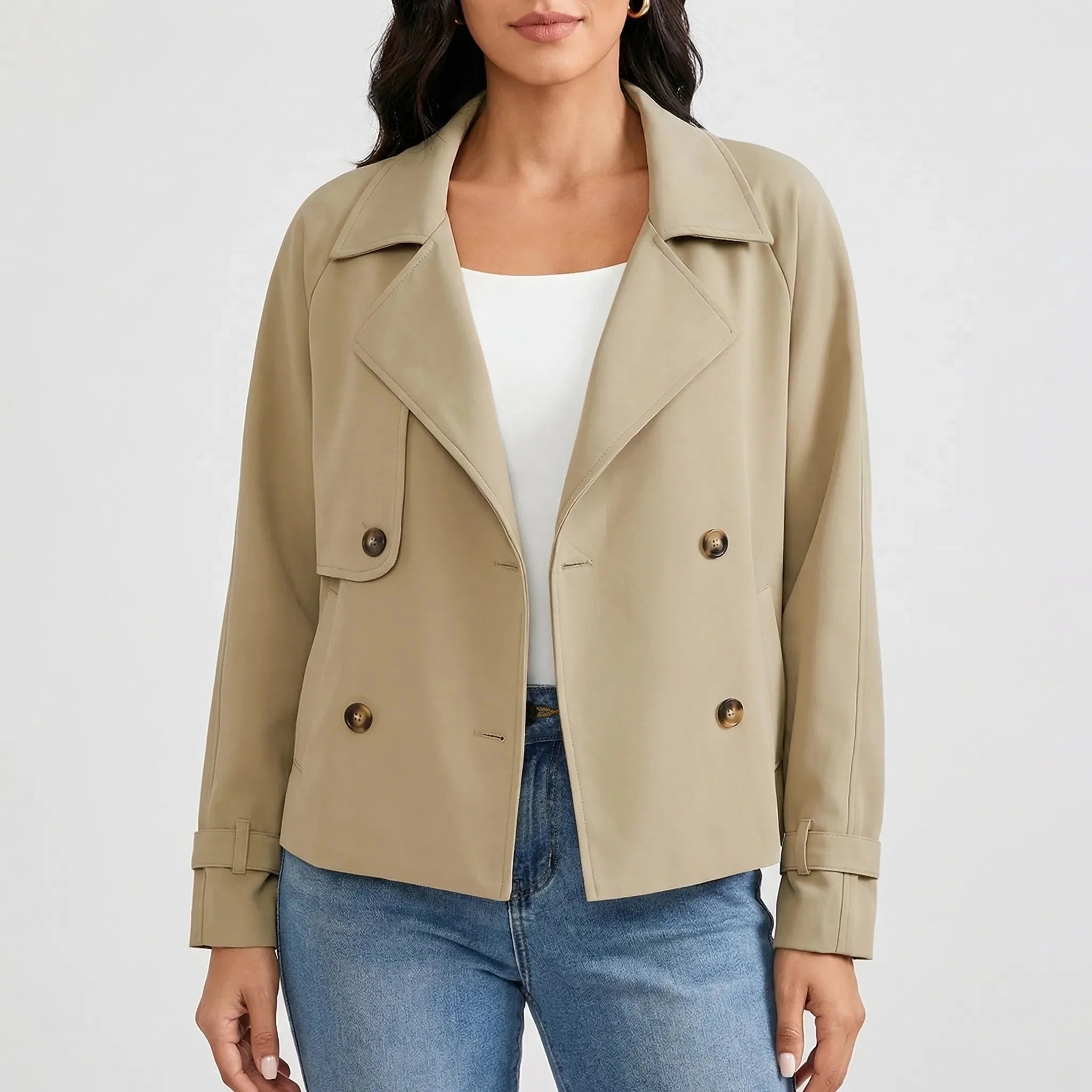 Chic Blazer for Women with Wide Lapel Long Sleeve Double Breasted Cuff Tab Cropped Style