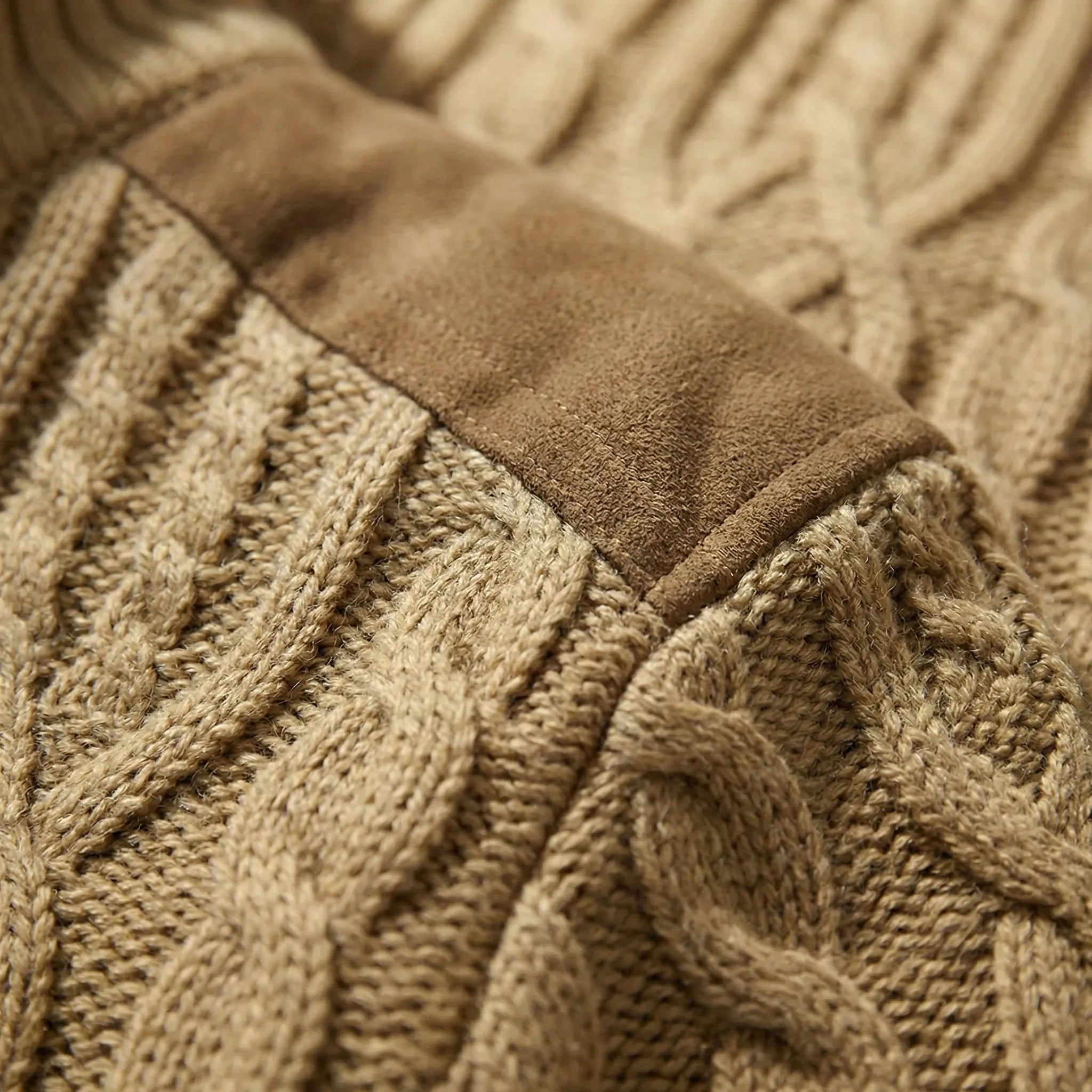 Cozy Cable Knit Cardigan for Men with Stand Collar Long Sleeve Button Up Suede Trim Winter Style