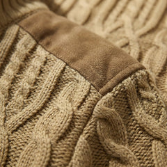 Cozy Cable Knit Cardigan for Men with Stand Collar Long Sleeve Button Up Suede Trim Winter Style