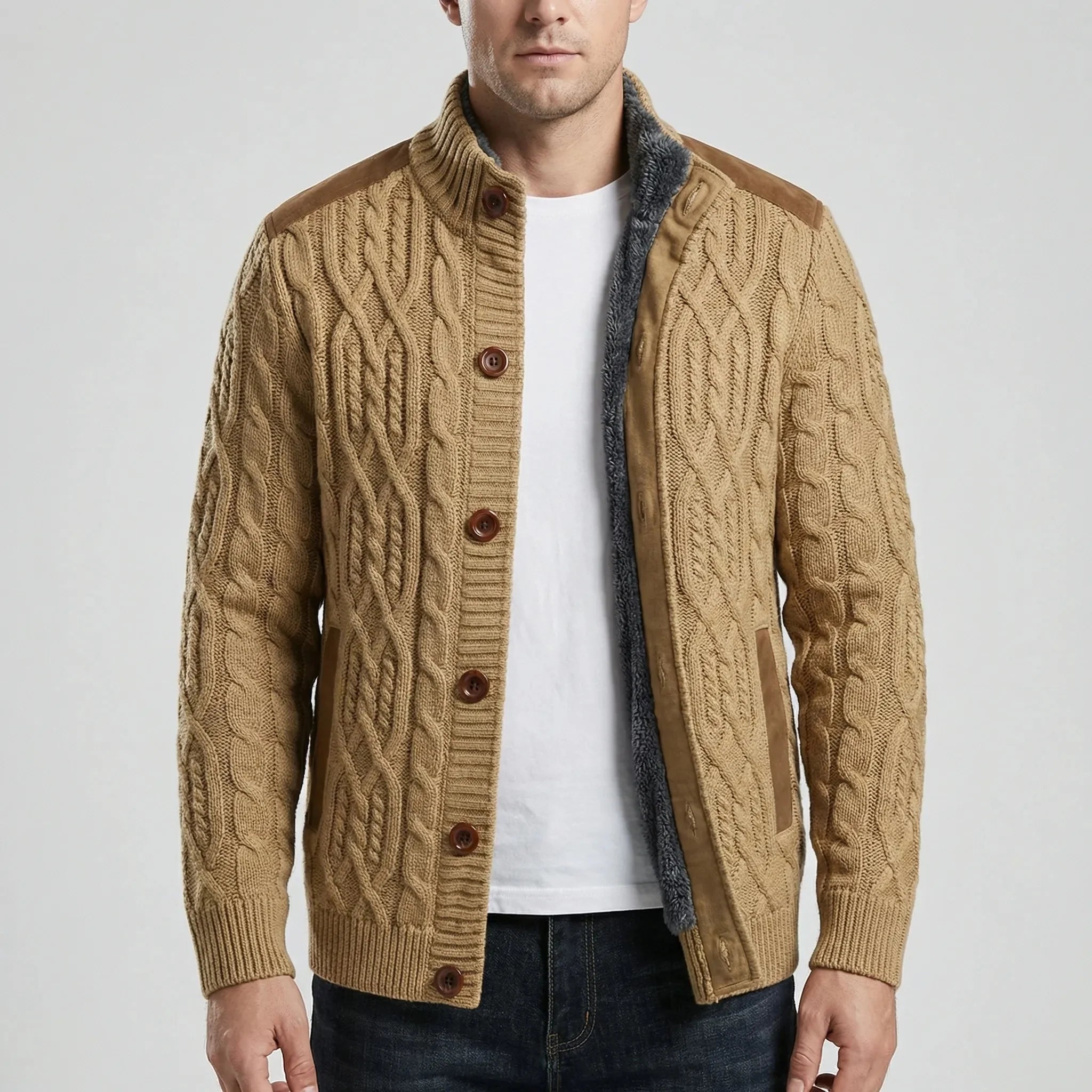 Cozy Cable Knit Cardigan for Men with Stand Collar Long Sleeve Button Up Suede Trim Winter Style