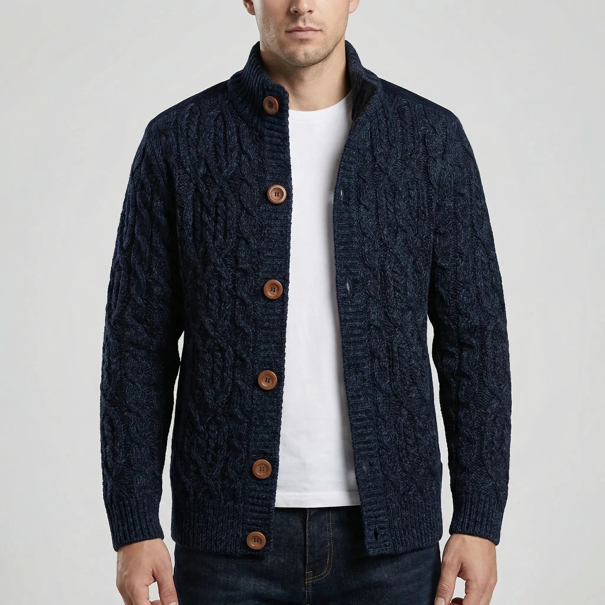 Cozy Cable Knit Cardigan for Men with Stand Collar Long Sleeve Button Up Suede Trim Winter Style