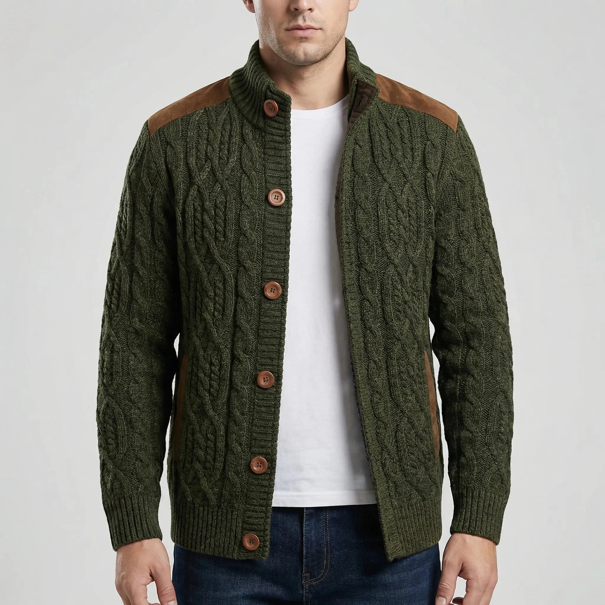 Cozy Cable Knit Cardigan for Men with Stand Collar Long Sleeve Button Up Suede Trim Winter Style