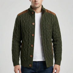 Cozy Cable Knit Cardigan for Men with Stand Collar Long Sleeve Button Up Suede Trim Winter Style