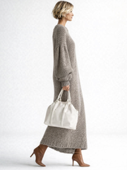 Cozy Chunky Knit Sweater Dress for Women with Crew Neck Balloon Sleeve Oversized Side Slit Style