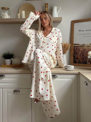 Comfortable White Heart Print Pajama Set for Women with Notch Collar Long Sleeve Wide Leg Two Piece Style