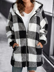 Cozy Sherpa Cardigan for Women with Hooded Neck Long Sleeve Zip Up Plaid Fleece Style