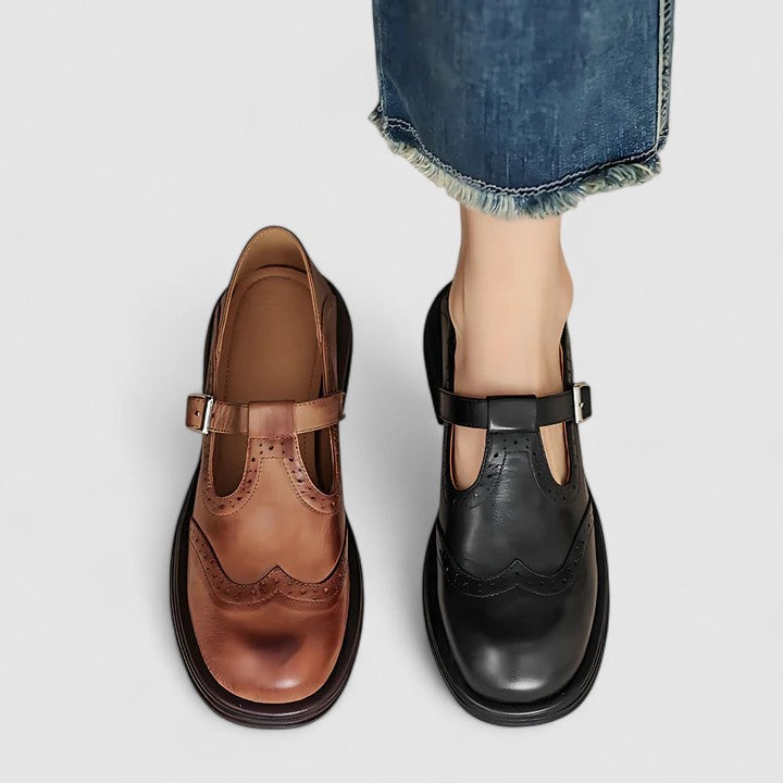 Comfortable Leather Mary Jane Shoes for Women with Round Toe T Strap Brogue Non Slip Flat Style