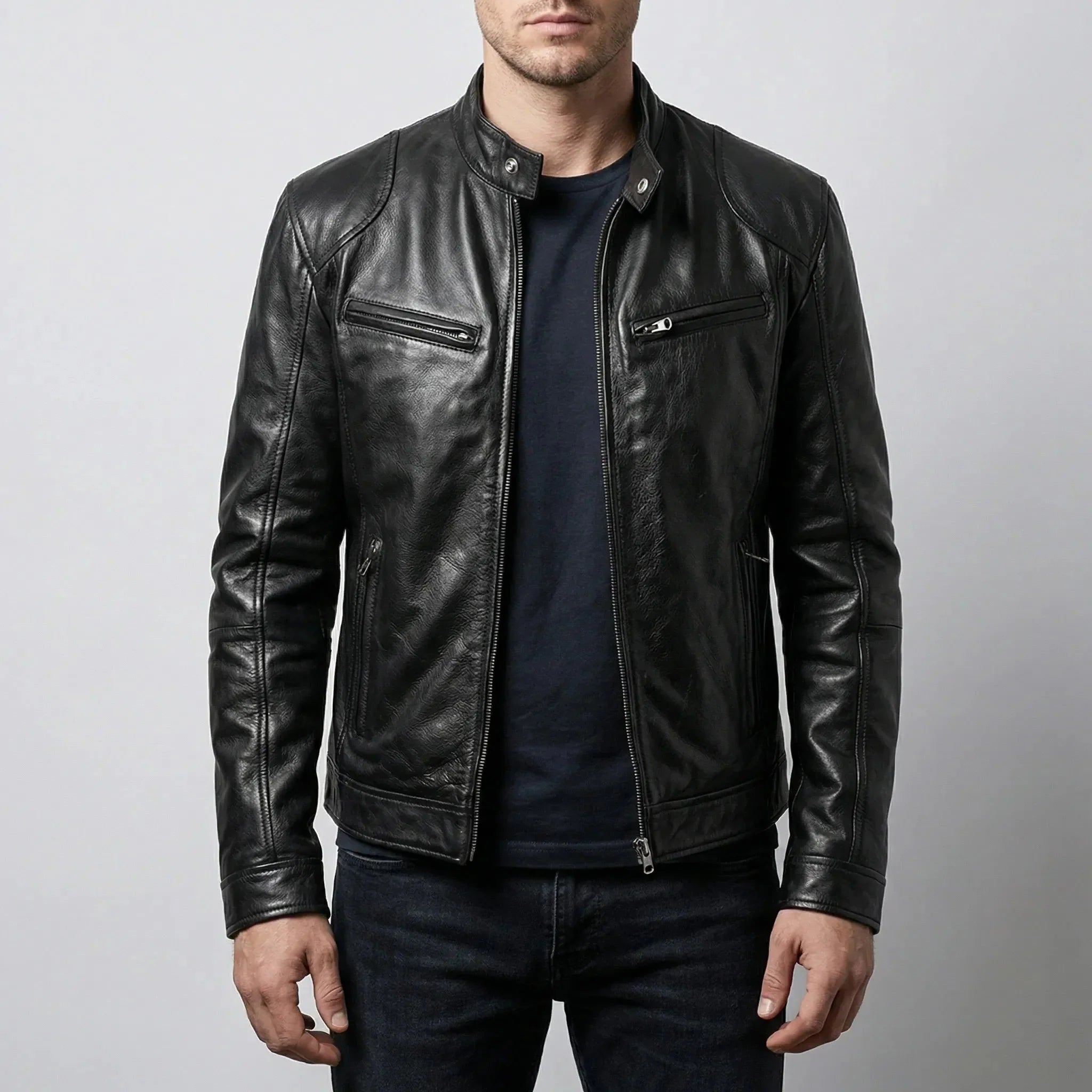 Edgy Leather Jacket for Men with Stand Collar Long Sleeve Zip Up Cafe Racer Moto Style