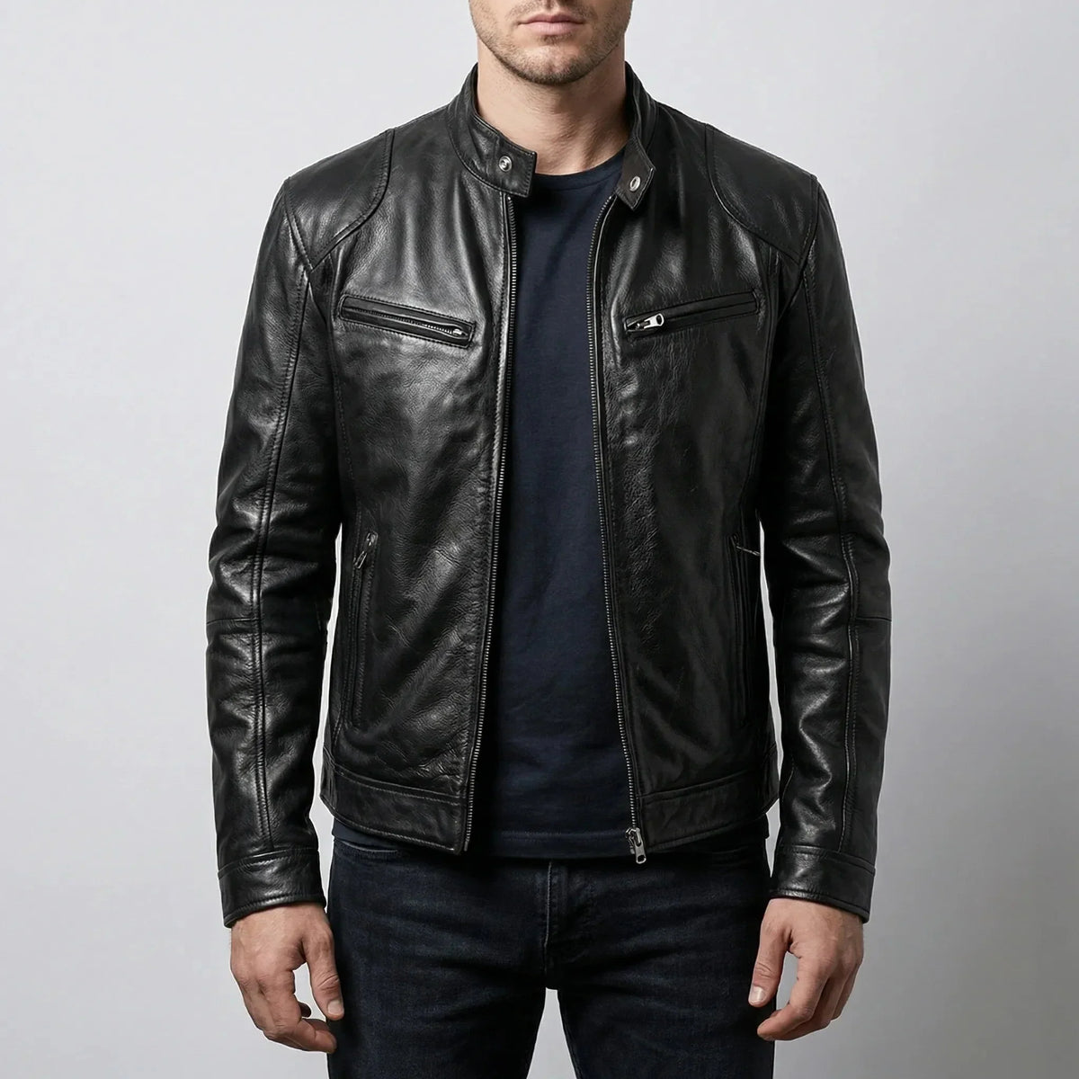 Edgy Leather Jacket for Men with Stand Collar Long Sleeve Zip Up Cafe Racer Moto Style