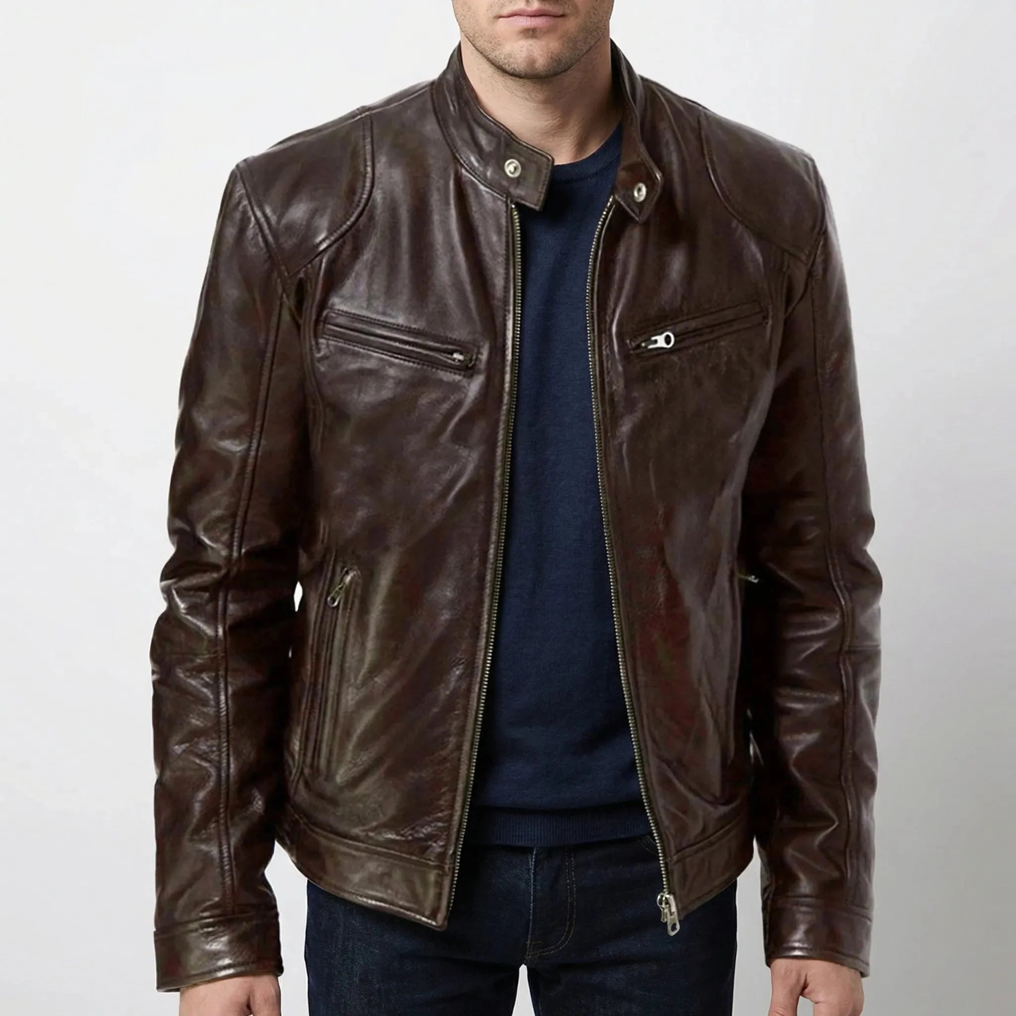 Edgy Leather Jacket for Men with Stand Collar Long Sleeve Zip Up Cafe Racer Moto Style